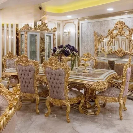 European-style luxurious gold foil carved dining table, european-style high-grade cloth dining chair