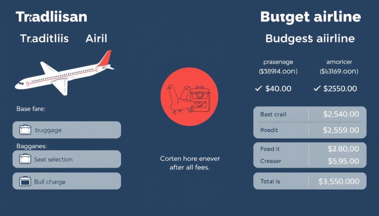 Comparison of traditional vs budget airline total costs when booking cheapest flight