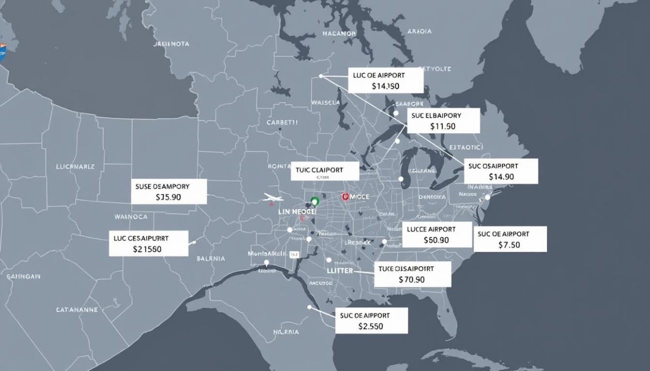 Map showing multiple airport options around a major city with price comparisons for booking cheapest flight
