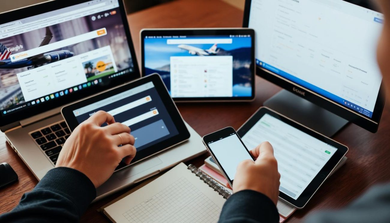 Person using multiple devices to track flight prices and book cheapest flight options