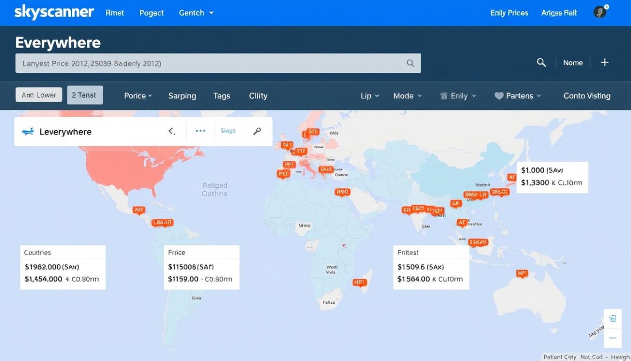 Skyscanner Everywhere search results showing map of cheapest flight destinations from a departure city