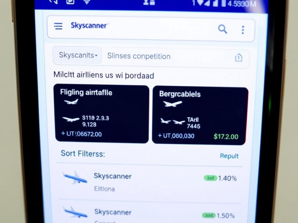 Skyscanner mobile app showing flight comparison results for booking cheapest flight