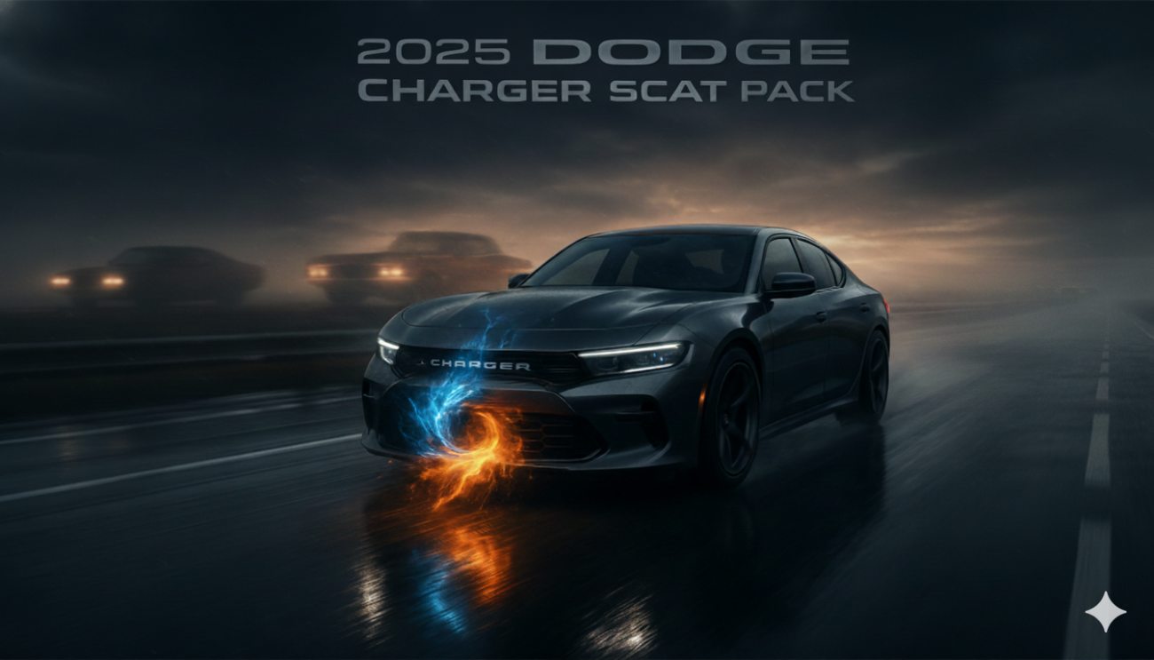 The 2025 Dodge Charger Scat Pack (gasoline model) driving on a wet road at night, with blue and orange energy swirls emanating from its grille. Two classic Dodge Chargers are visible in the blurry background, representing the V8 legacy.