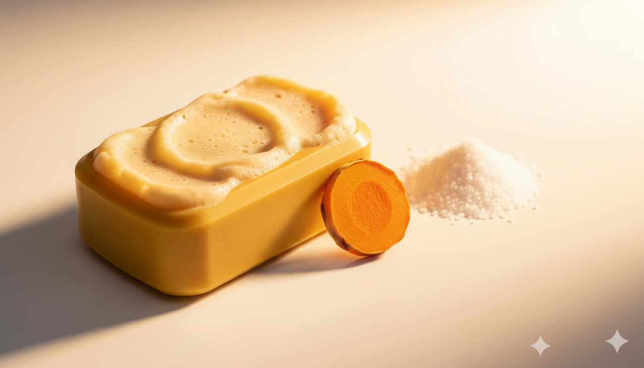 Close-up of a golden turmeric and kojic acid soap bar next to a sliced turmeric root, symbolizing the best turmeric soap options for fading dark spots and achieving a healthy skin glow.
