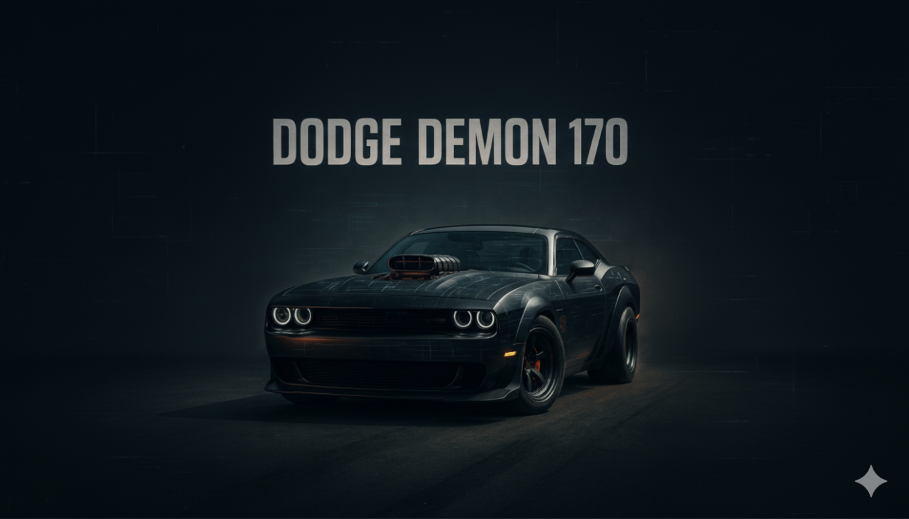2023 Dodge Demon 170 close-up, front view. Highlights functional air intake, 'Demon 170' badging, and aggressive drag-strip stance of the Challenger SRT.