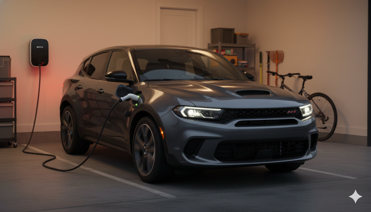 The Dodge Hornet R/T Plug-In Hybrid is shown plugged into a Level 2 home charging station in a modern garage or driveway. The image emphasizes the convenience of the 32-mile electric range for daily commuting and easy at-home charging.