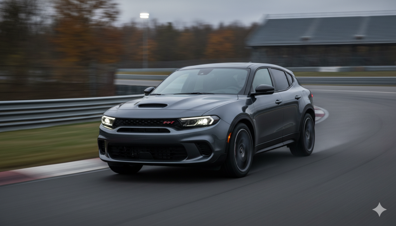 Dynamic action shot of the Dodge Hornet R/T accelerating rapidly on a road, with the background blurred to convey high speed and performance. This highlights the PowerShot feature and the vehicle's sporty handling.