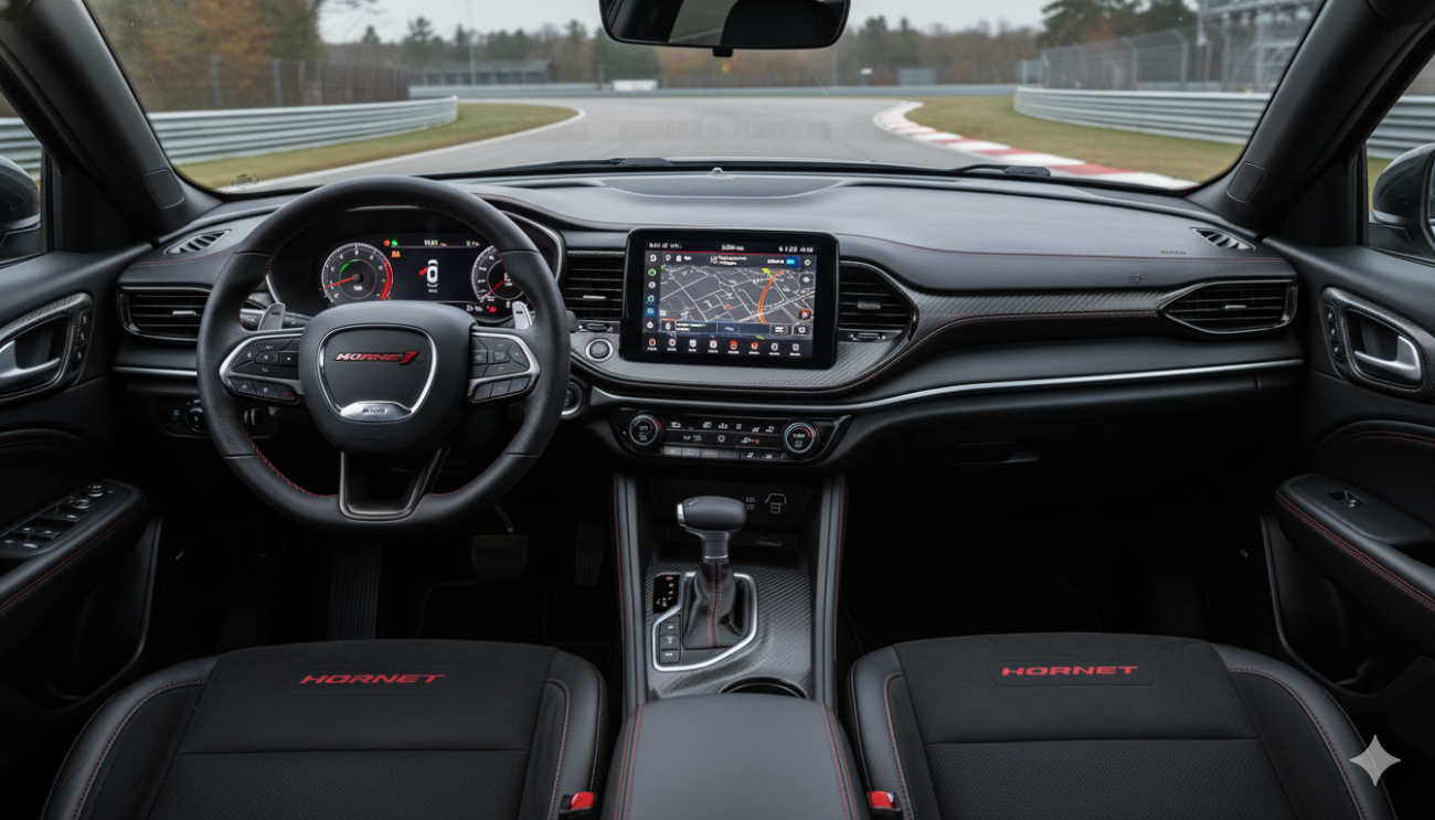 Interior view of the Dodge Hornet R/T cockpit, focusing on the large 10.25-inch Uconnect 5 touchscreen infotainment display and the 12.3-inch digital gauge cluster. The steering wheel and sporty Alcantara seating are also visible.