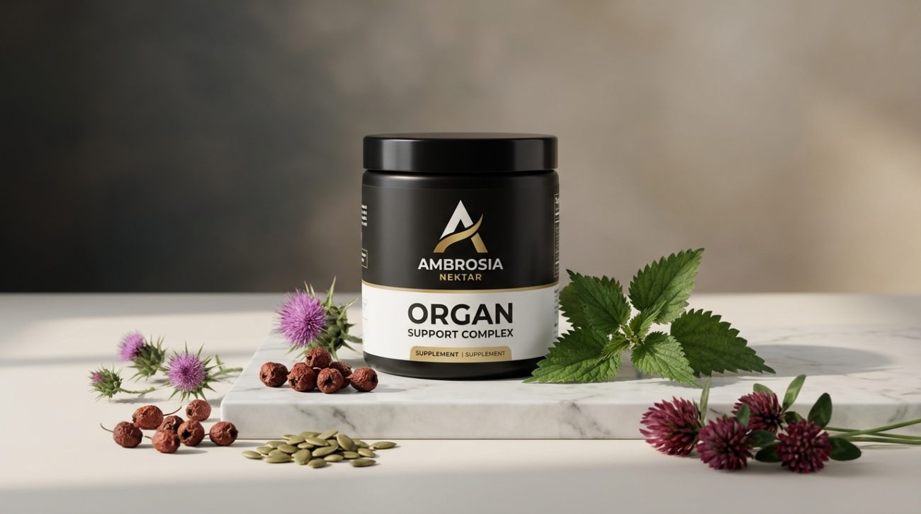 Ambrosia Collective Nektar powder tub with a glass of the red supplement drink and fresh ingredients like milk thistle and hawthorn berries.