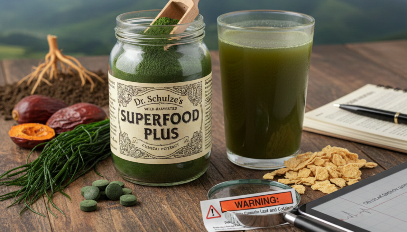 A jar of Dr. Schulze’s Superfood Plus powder on a wooden table next to a glass of green juice, herbal ingredients like spirulina tablets and palm fruit, and a Prop 65 warning label, with a misty mountain background.