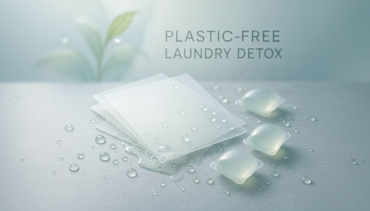 A Clean People Laundry Detergent Review featuring eco-friendly laundry sheets in cardboard packaging next to a stack of clean laundry.