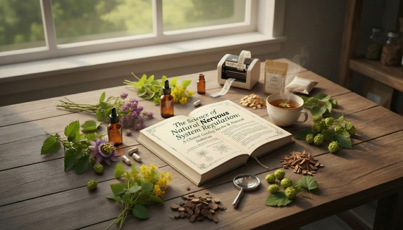A high-quality flat lay of various dried calming herbs including lavender, passionflower, and valerian root, arranged neatly with a ceramic mortar and pestle and a glass tincture bottle on a clean wooden surface.