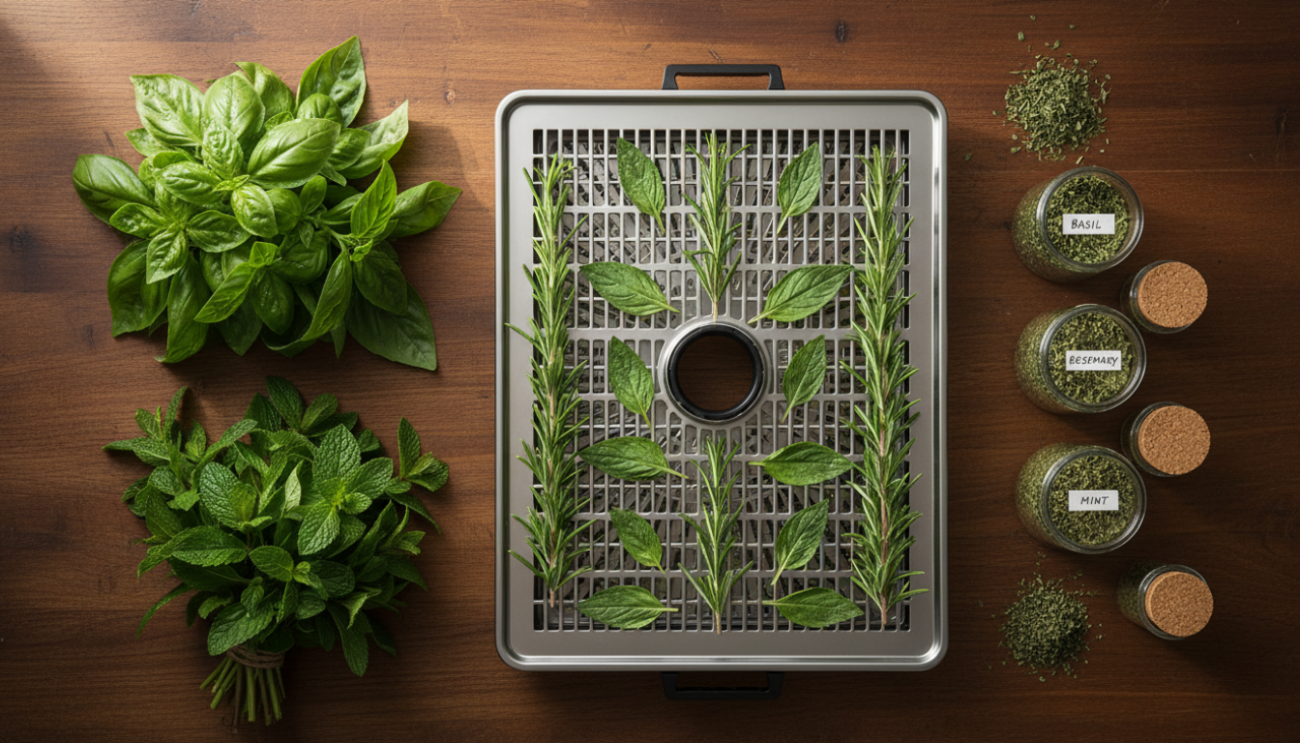 A collection of fresh and drying herbs including basil and rosemary, illustrating how to dry herbs for maximum flavor preservation.